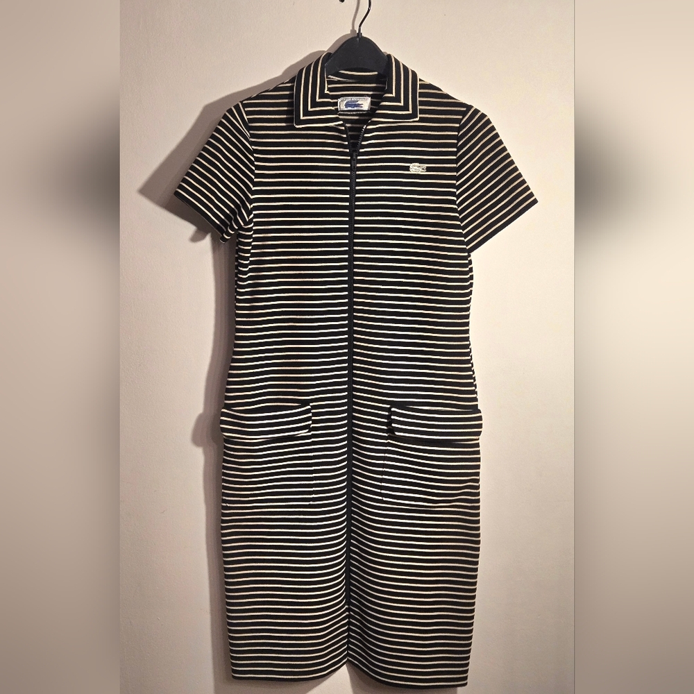 Lacoste Vintage 1970's Chemise Black and White Striped Zip Front Dress